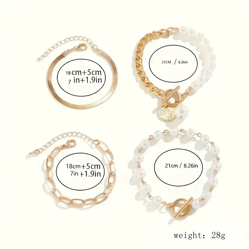 Chic 4-Piece Gold Bracelet Set – Snake Chain, Pearls & Links
