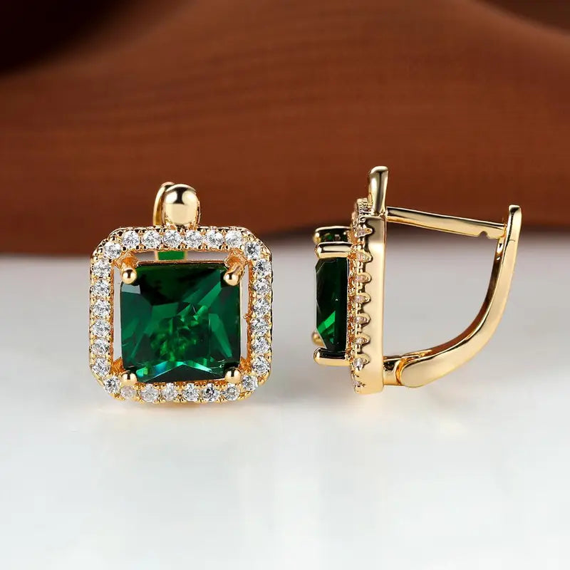 Gold Earrings with Emerald & Zirconia