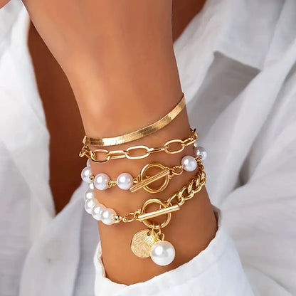 Chic 4-Piece Gold Bracelet Set – Snake Chain, Pearls & Links