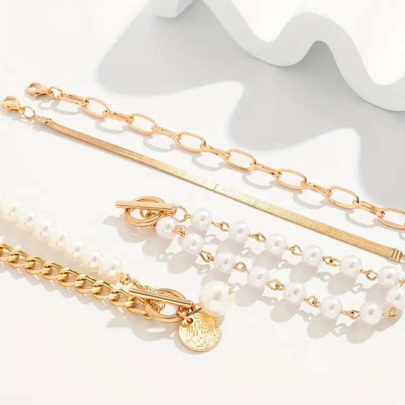 Chic 4-Piece Gold Bracelet Set – Snake Chain, Pearls & Links