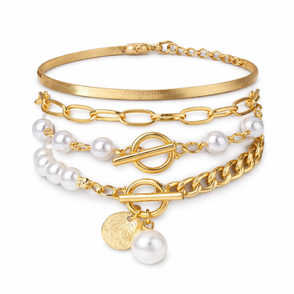 Chic 4-Piece Gold Bracelet Set – Snake Chain, Pearls & Links