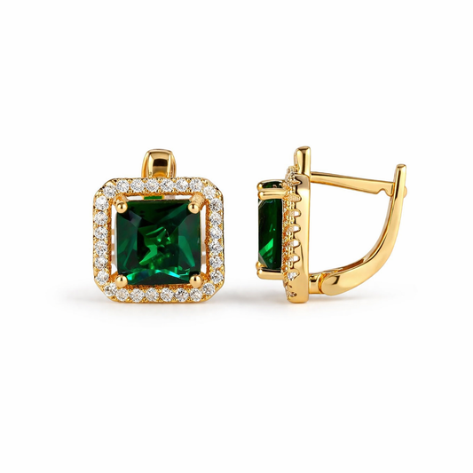 Gold Earrings with Emerald & Zirconia